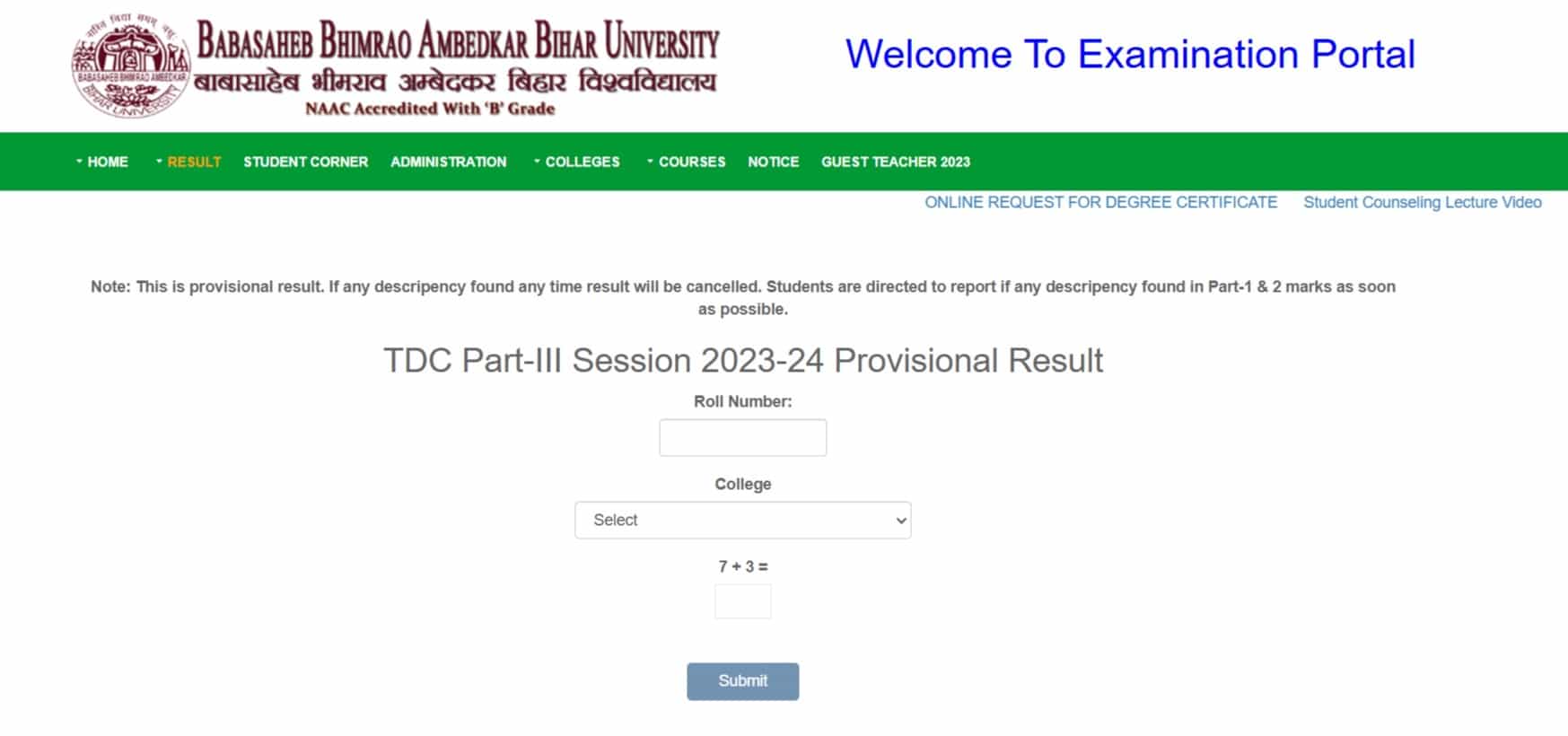 BRABU Semester 3 Result 2023-27