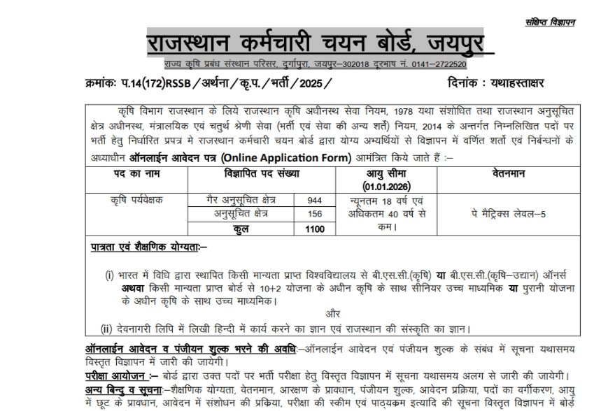 राजस्थान कृषि पर्यवेछ्क भर्ती 2025